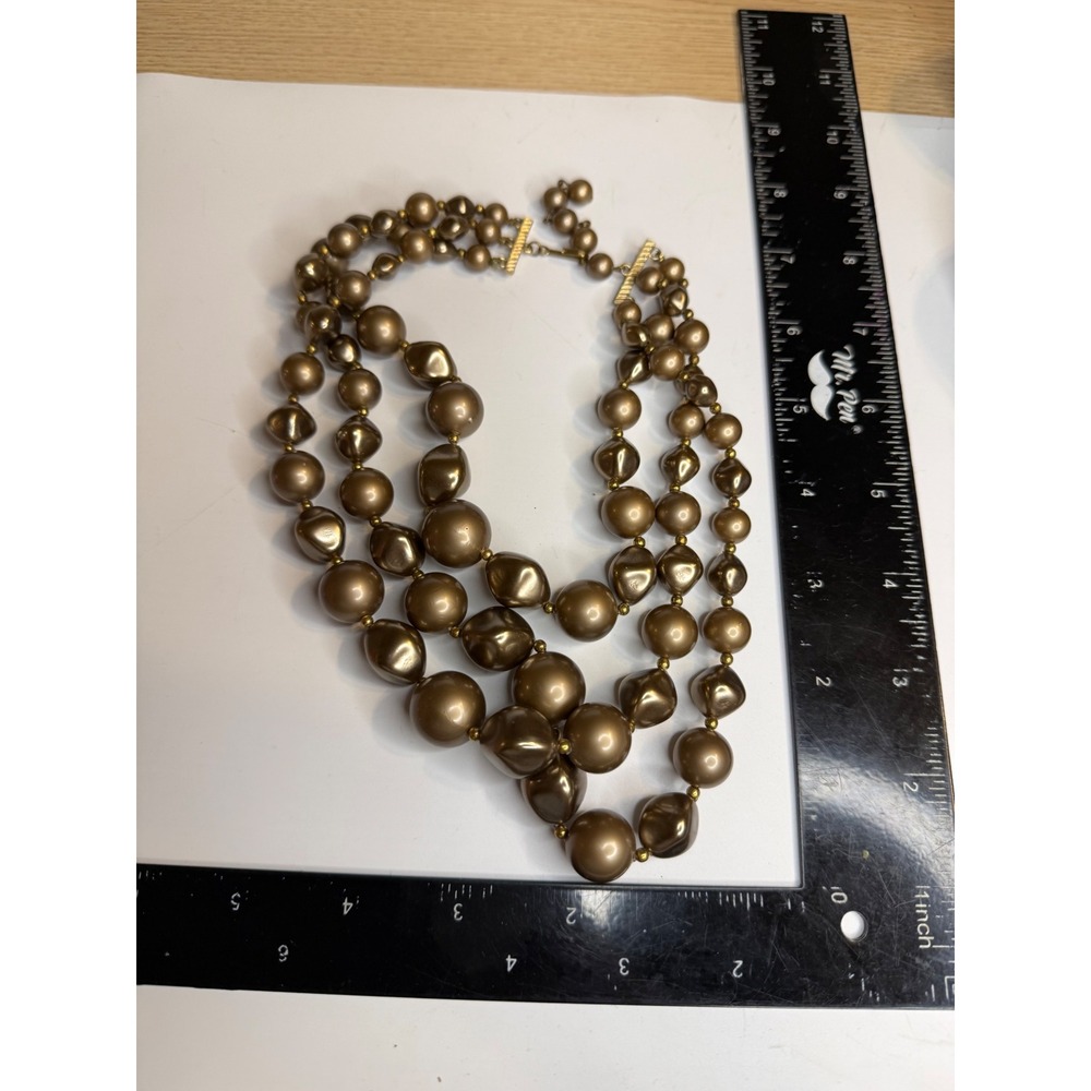 Vintage Bronze Faux Pearl Triple Strand Graduated Necklace Gold Tone Hook Clasp
